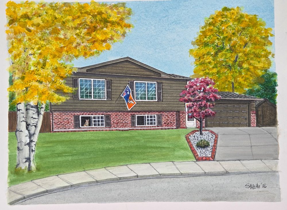 Watercolor portrait of a home with a flowering tree
