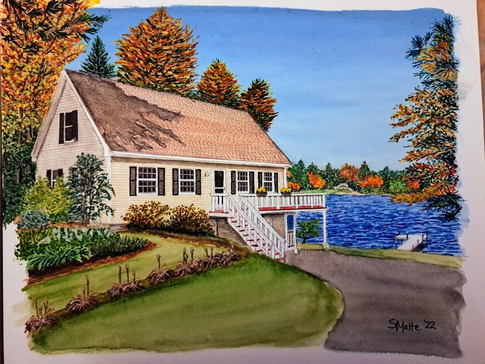 Watercolor portrait of a home with a manicured lawn
