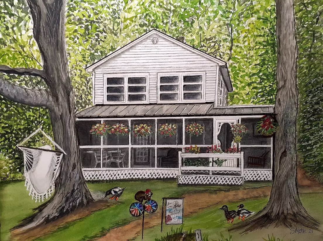 Watercolor portrait of a lakeside summer cottage with hammock and whirligig