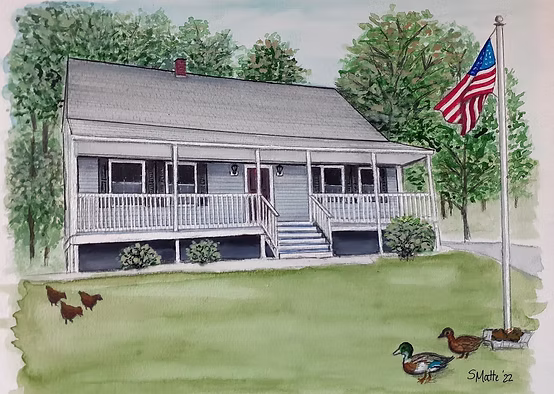 Portrait of a family home with American flag and flagpole