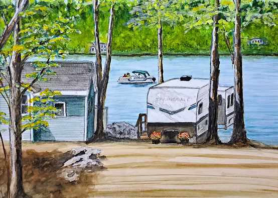 Portrait of a lakeside camp with the family's boat on the water